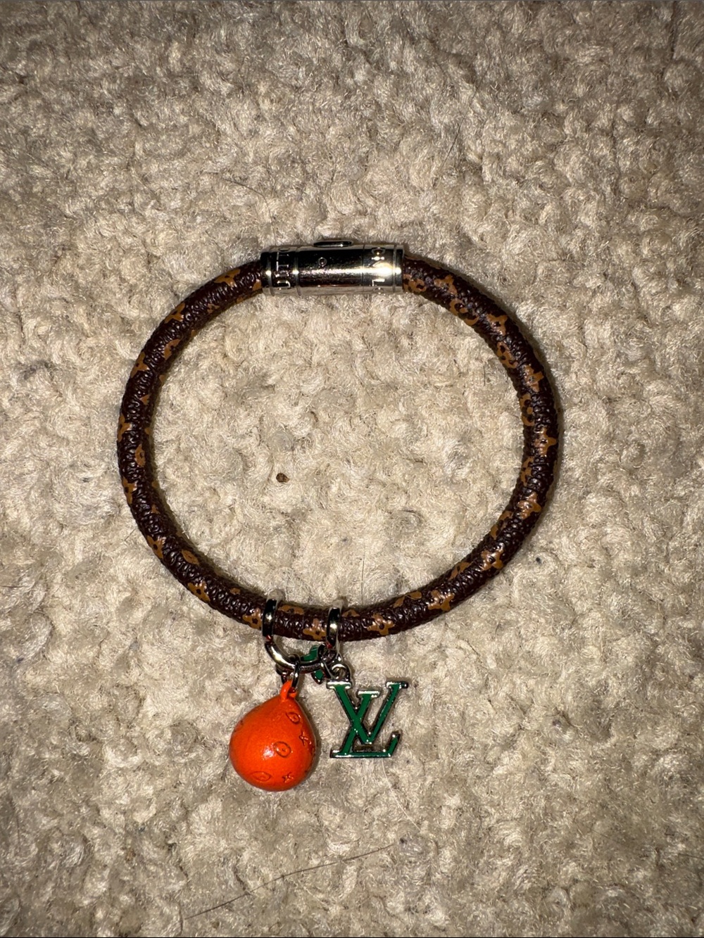 Brown inspired Style Bracelet with Orange Charm and Green Accent